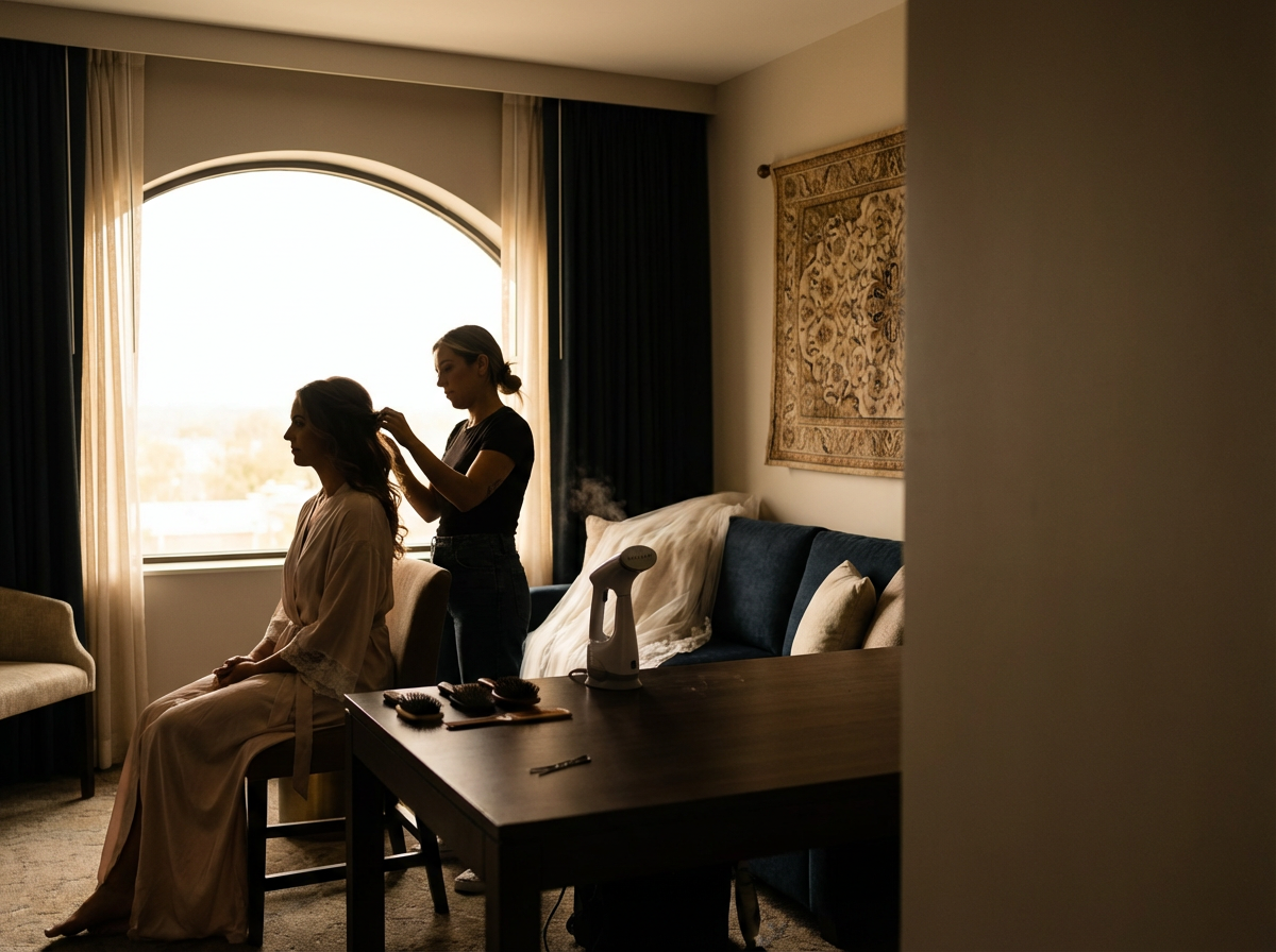 A woman is having her hair styled by a hairstylist in a hotel room with a large window, sofa, and wall hanging.