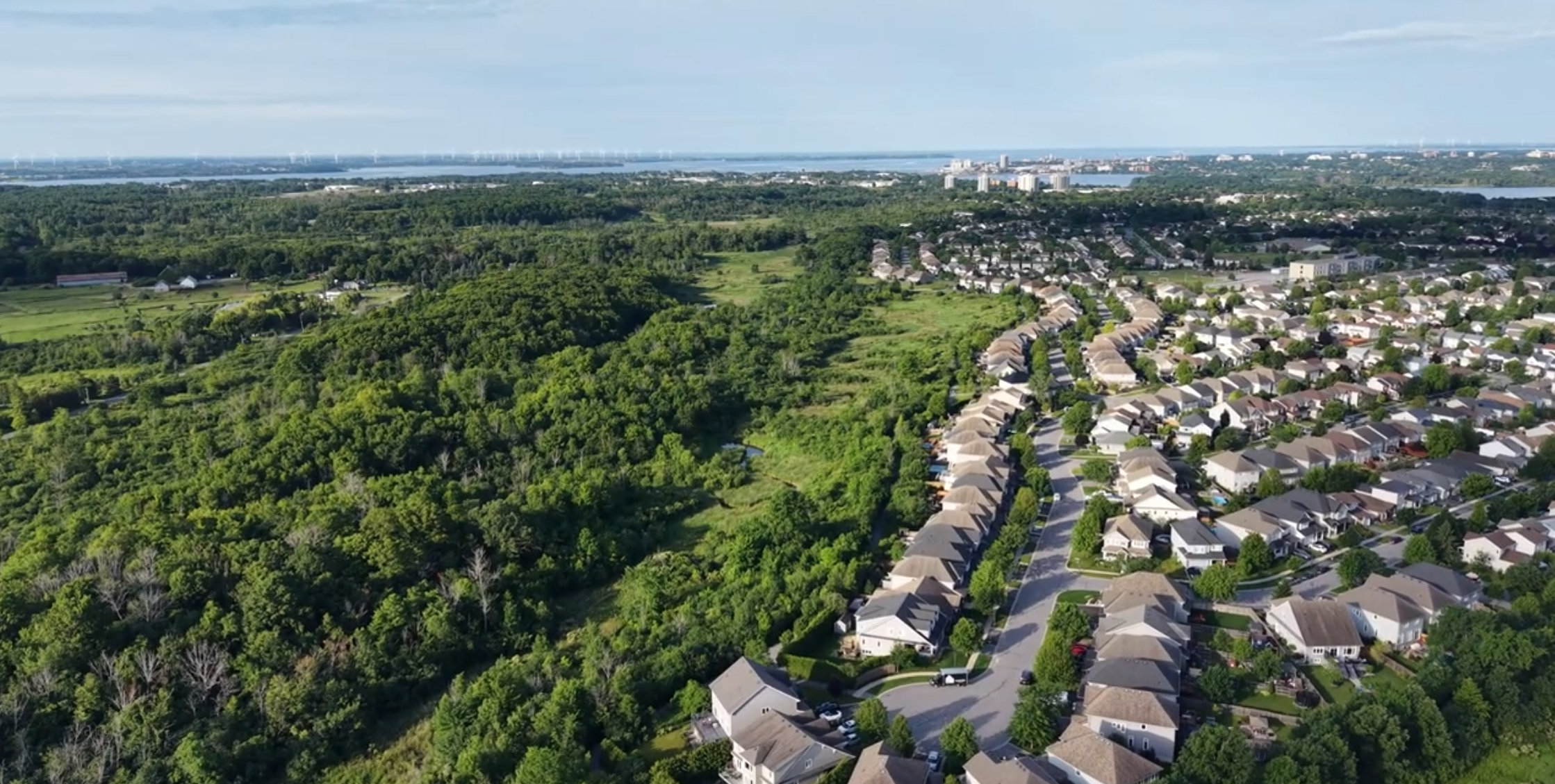 Aerial view of a suburban neighborhood with houses and wide spaces of green forests and fields, with a body of water and wind turbines in the background under a partly cloudy sky.
