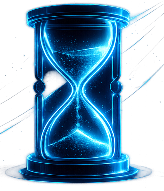 A glowing blue digital illustration of an hourglass with swirling particles inside, set against a dark background.