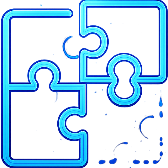 Neon blue puzzle pieces fitting together in a square shape.