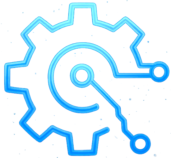 Neon blue gear with a wrench inside, representing technology and settings.