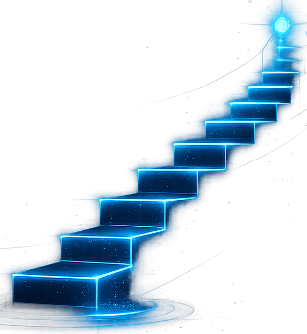 Glowing digital staircase ascending into a bright light in a dark background.