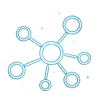Molecular diagram with a central circle connected to multiple smaller circles by lines, representing a chemical structure.