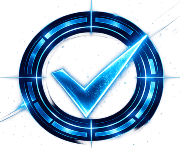 Digital glowing checkmark inside a circular futuristic interface.