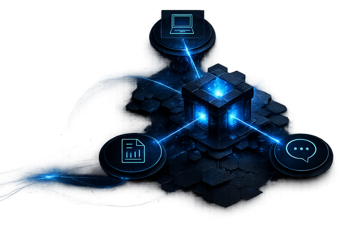 Digital illustration of interconnected technology icons including a laptop, document, and speech bubble, with glowing blue lines and a central cube, symbolizing data connectivity.
