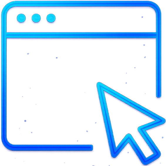 Digital illustration of a web browser window with a large mouse cursor pointer in neon blue.