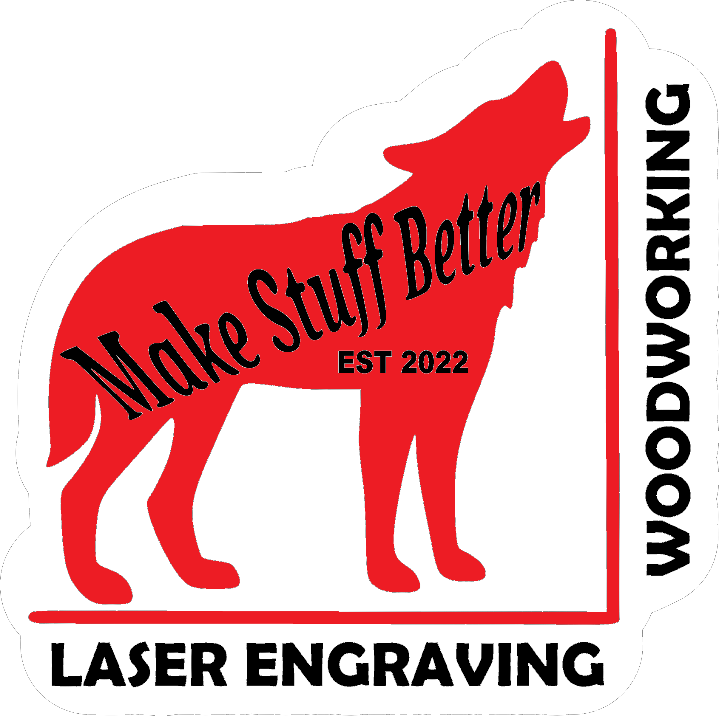 Logo for a business that specializes in laser engraving, featuring a red silhouette of a dog with black text that reads 'MOOSE SCOUT & RETTEGER' and 'EST 2022'.