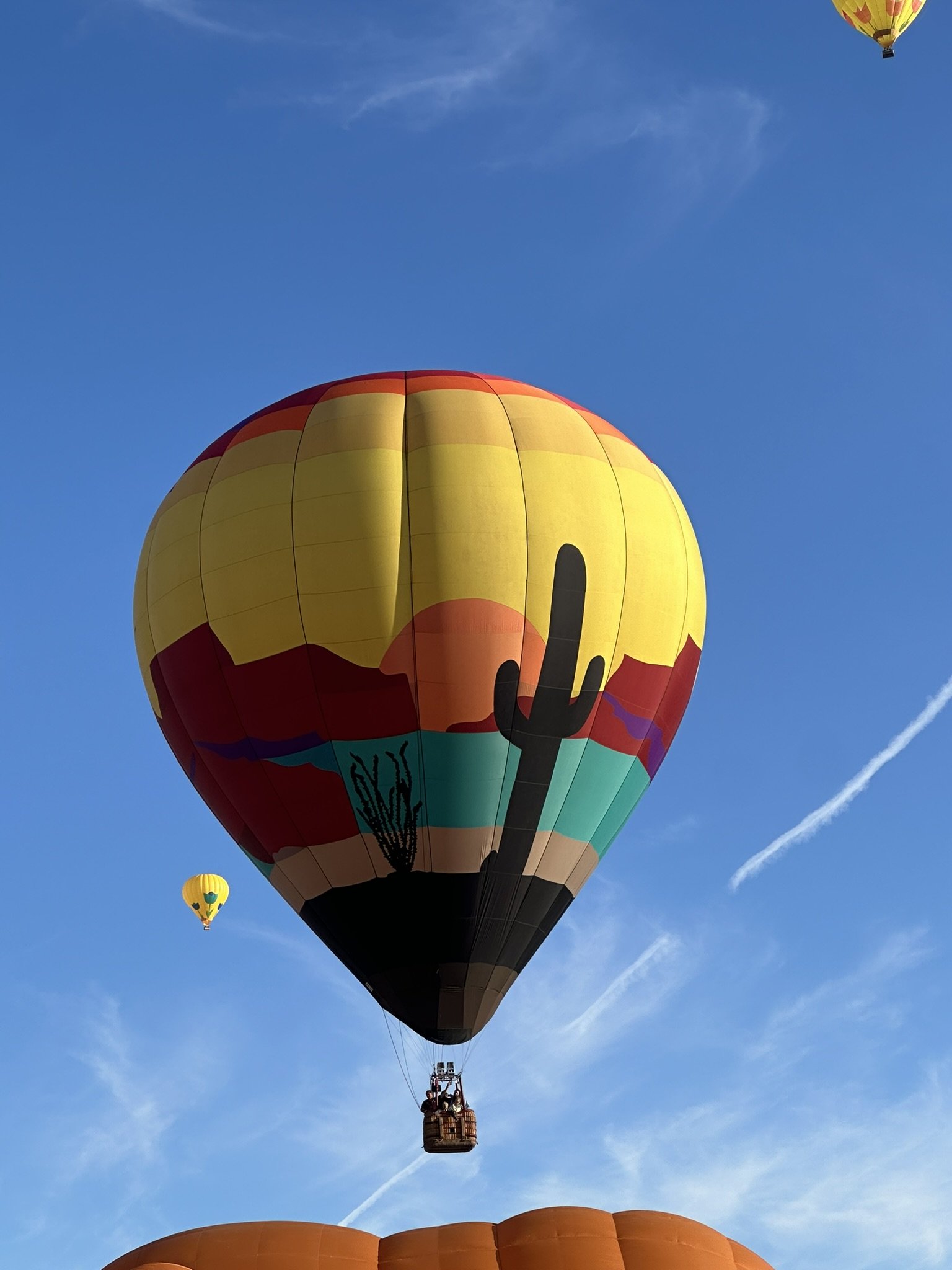 Colorful hot air balloons flying in the clear blue sky during the day.