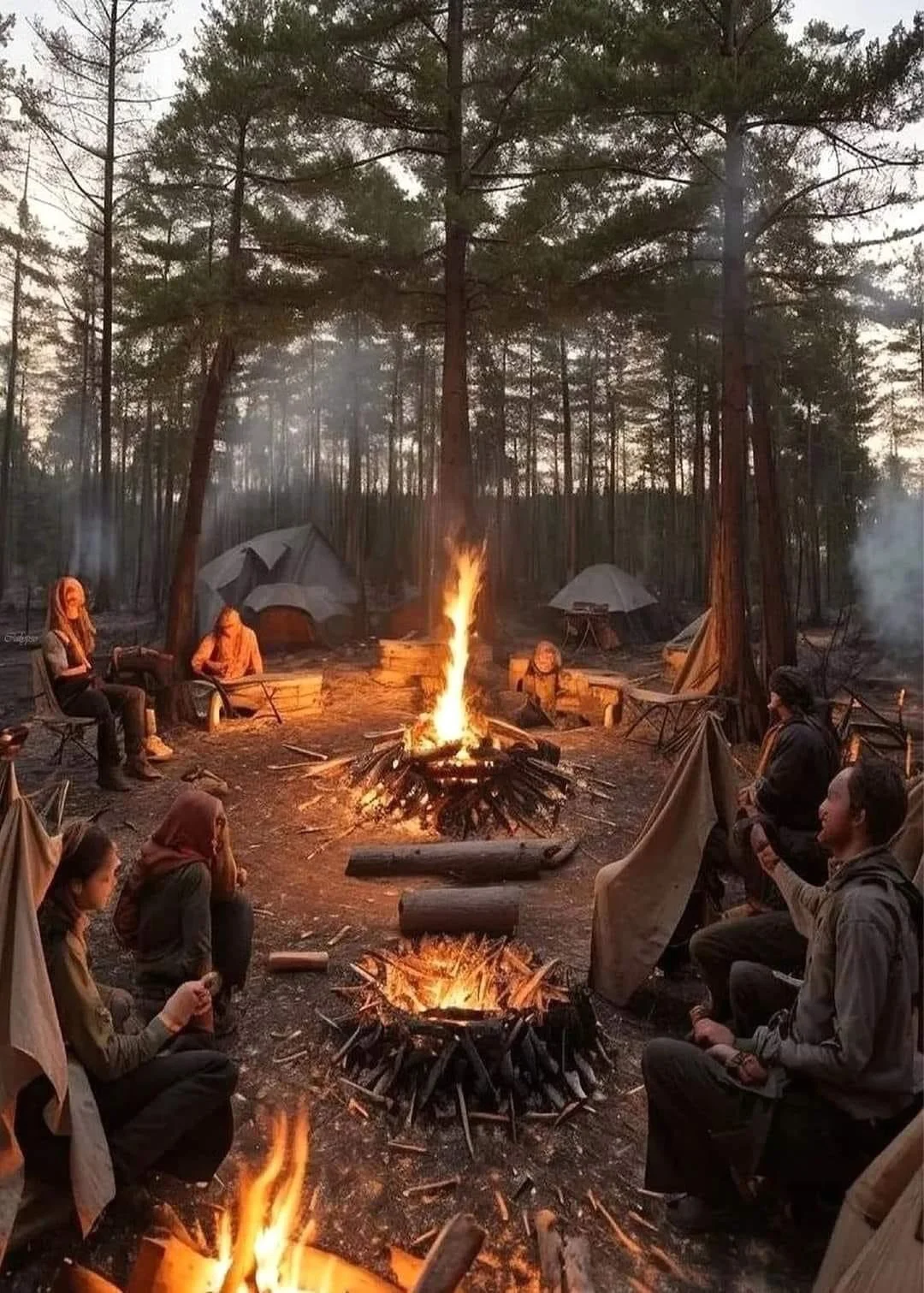 People sitting around campfires in a forest campsite with tents, surrounded by tall trees.