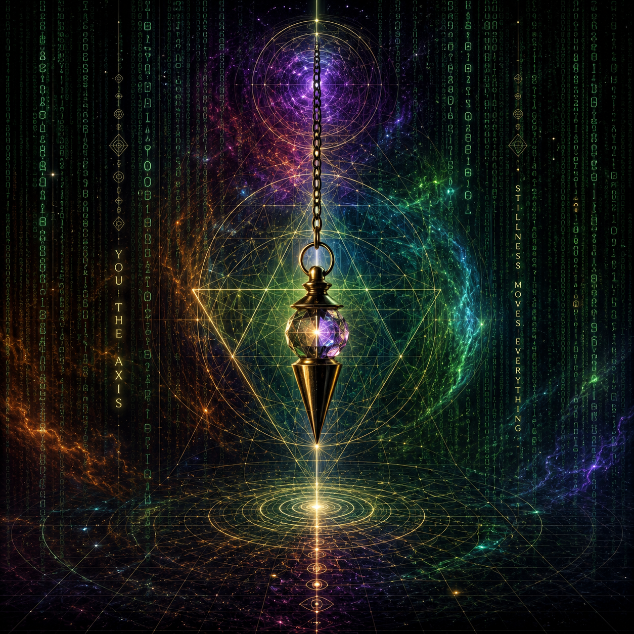 A mystical, digital artwork featuring a gold and purple pendulum suspended in a cosmic, geometric space backdrop with glowing lines, data streams, and the caption 'YOUTH THE AXIS STILLNESS MOVES EVERYTHING'.