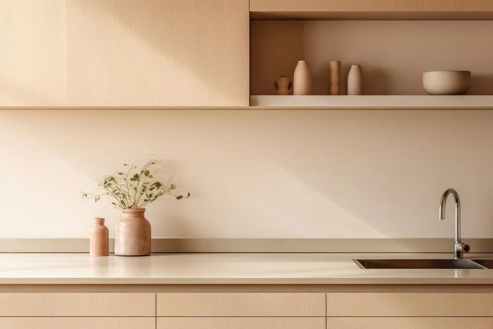 Minimalist kitchen with light wood cabinets, a beige countertop, and open shelves with ceramic vases and bowls. A vase with green foliage and a small pink vase are on the countertop near the sink.