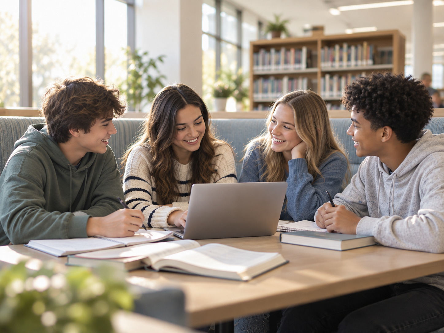 4 teenagers sitting at a table with books and a laptop