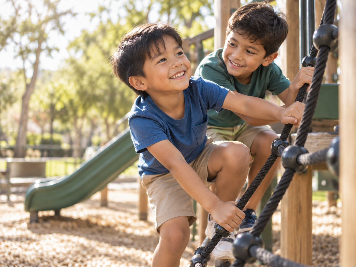 2 young boys playing on a playground