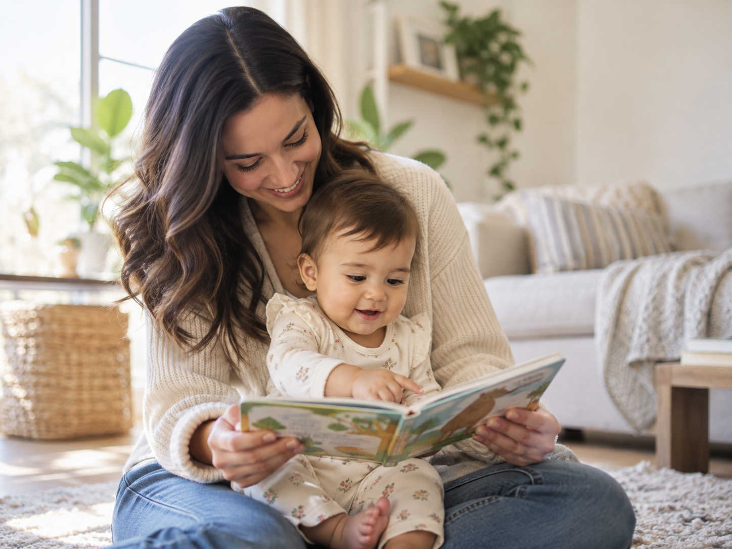 baby sitting in a woman's lap looking at a book