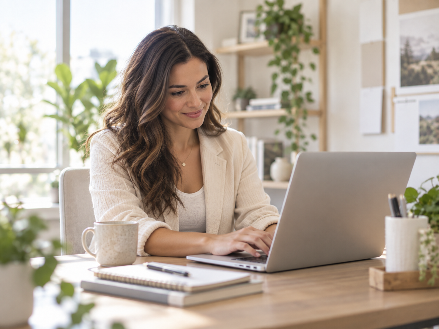 woman sitting at a desk working on her laptop