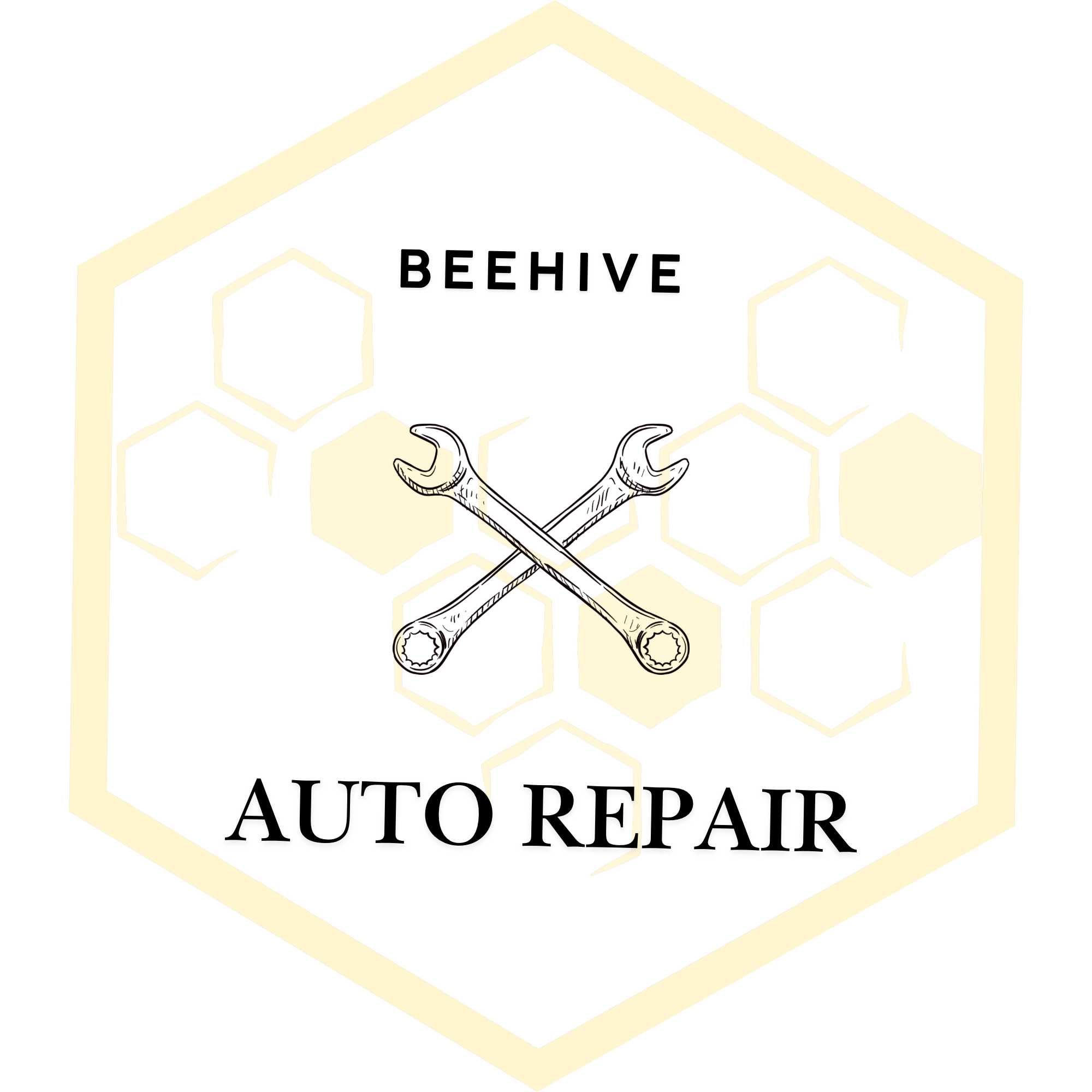 Logo for auto repair shop called BeeHive Auto Repair, with a honeycomb design.