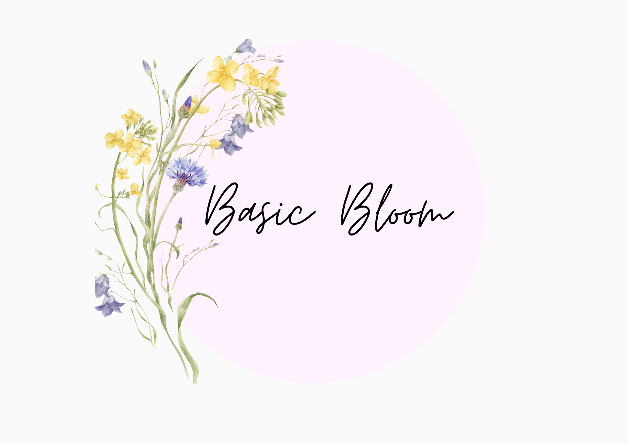 Watercolor illustration of light yellow and purple flowers with the text 'Basic Bloom' in black cursive font.