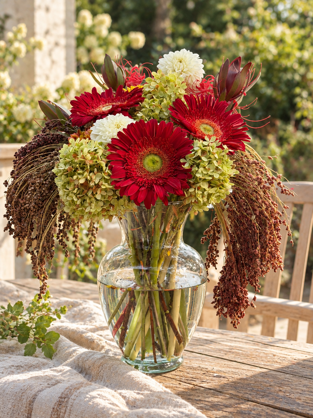 A glass vase with a colorful flower arrangement including red gerbera daisies, white dahlias, green hydrangeas, and dried brown accents, on a rustic wooden table outdoors.
