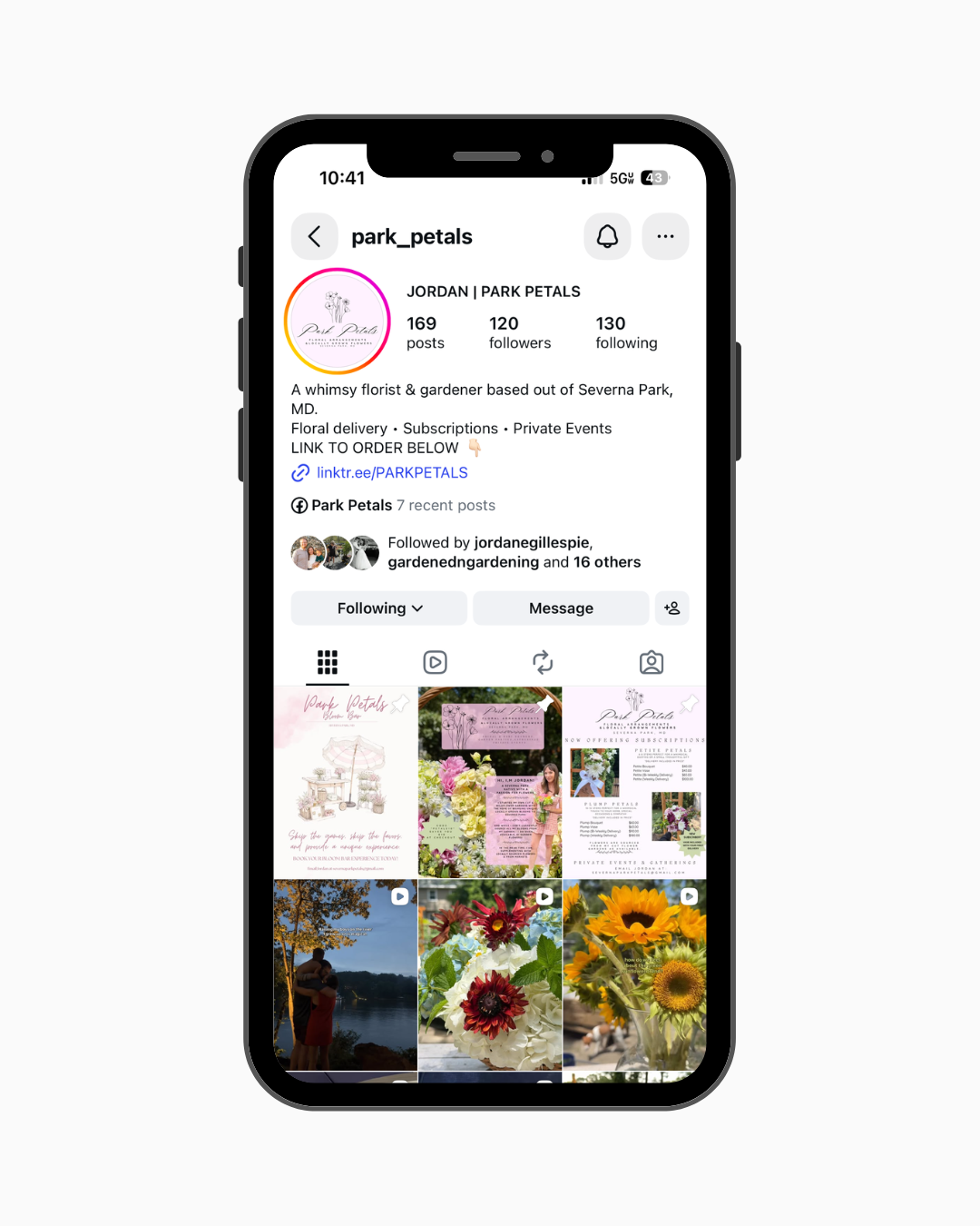 Instagram profile page for Park Petals, a floral and gardening business based in Severna Park, Maryland. The profile includes posts of flowers, floral arrangements, and promotional content.