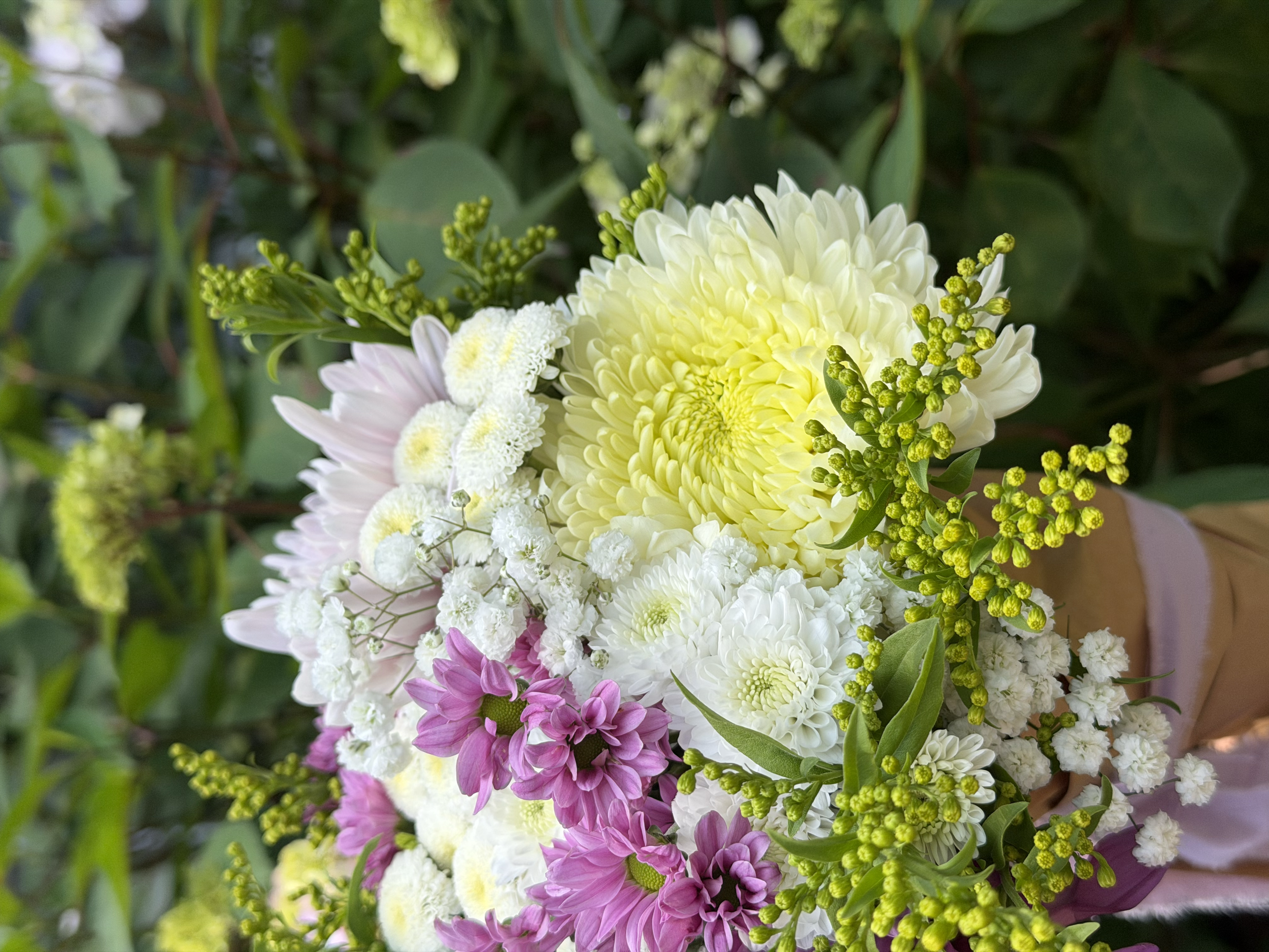 A colorful bouquet of flowers including white, yellow, purple, and pink blooms with green leaves and small yellow buds, set against a leafy green background.