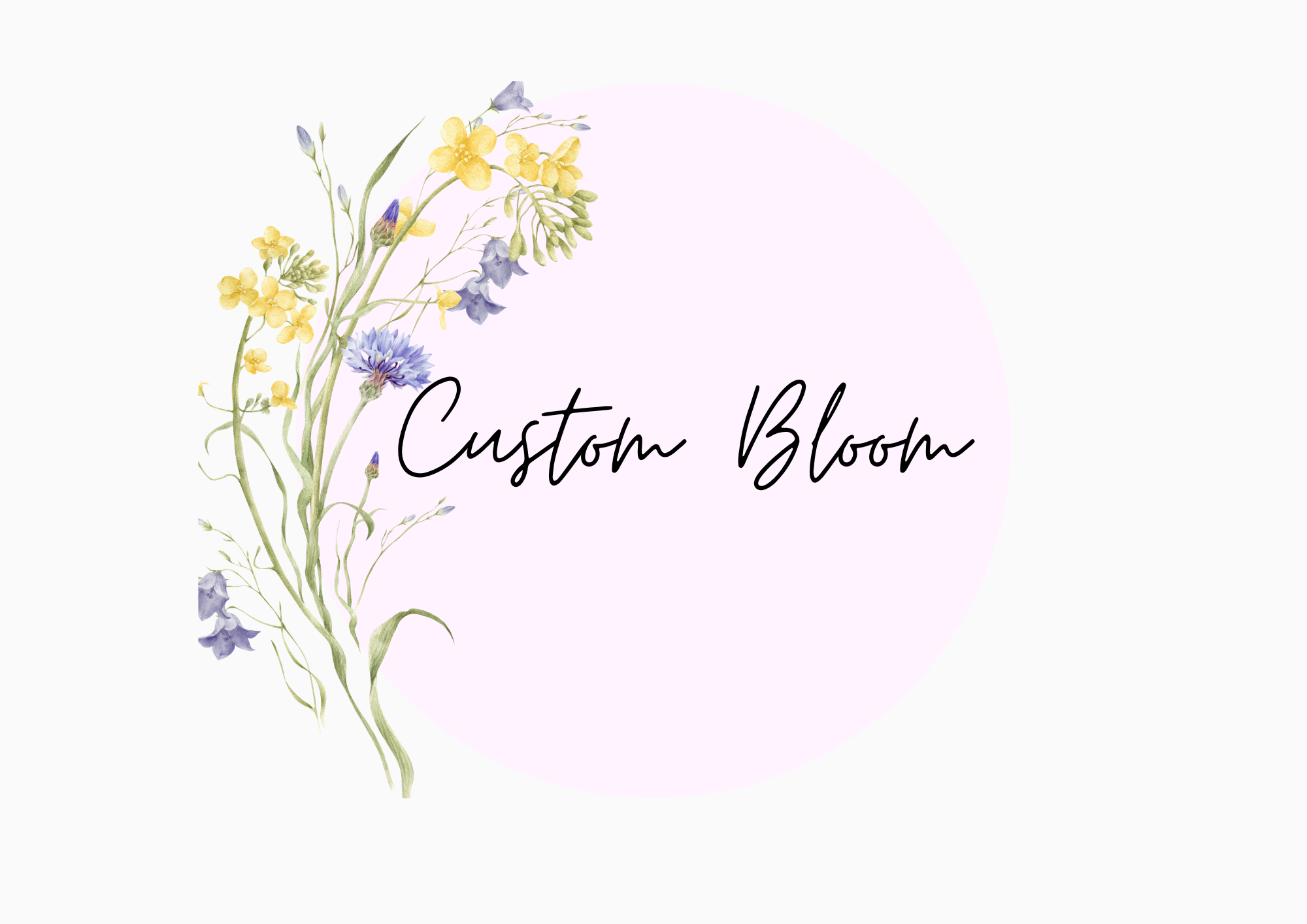 A floral design with pastel-colored flowers and the text 'Custom Bloom' on a light purple circular background.