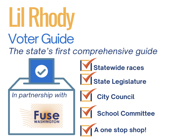 Cover of the Lil Rhody Voter Guide, sponsored by Fuse Washington, with a checkmark and list of features including statewide races, state legislature, city council, school committee, and a one-stop shop.