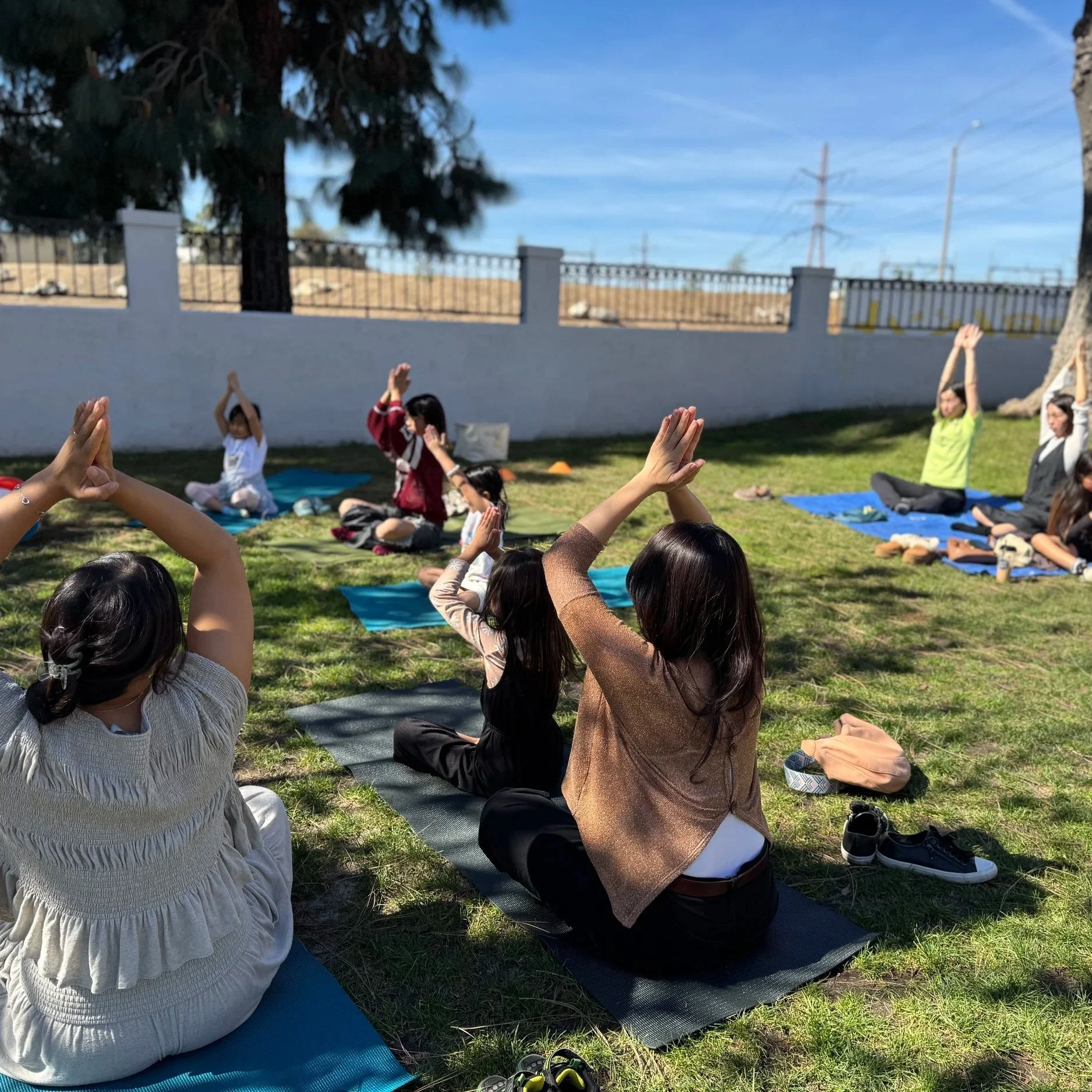 People practicing yoga outdoors on mats in a grassy yard with trees, a white fence, and power lines in the background on a clear day.