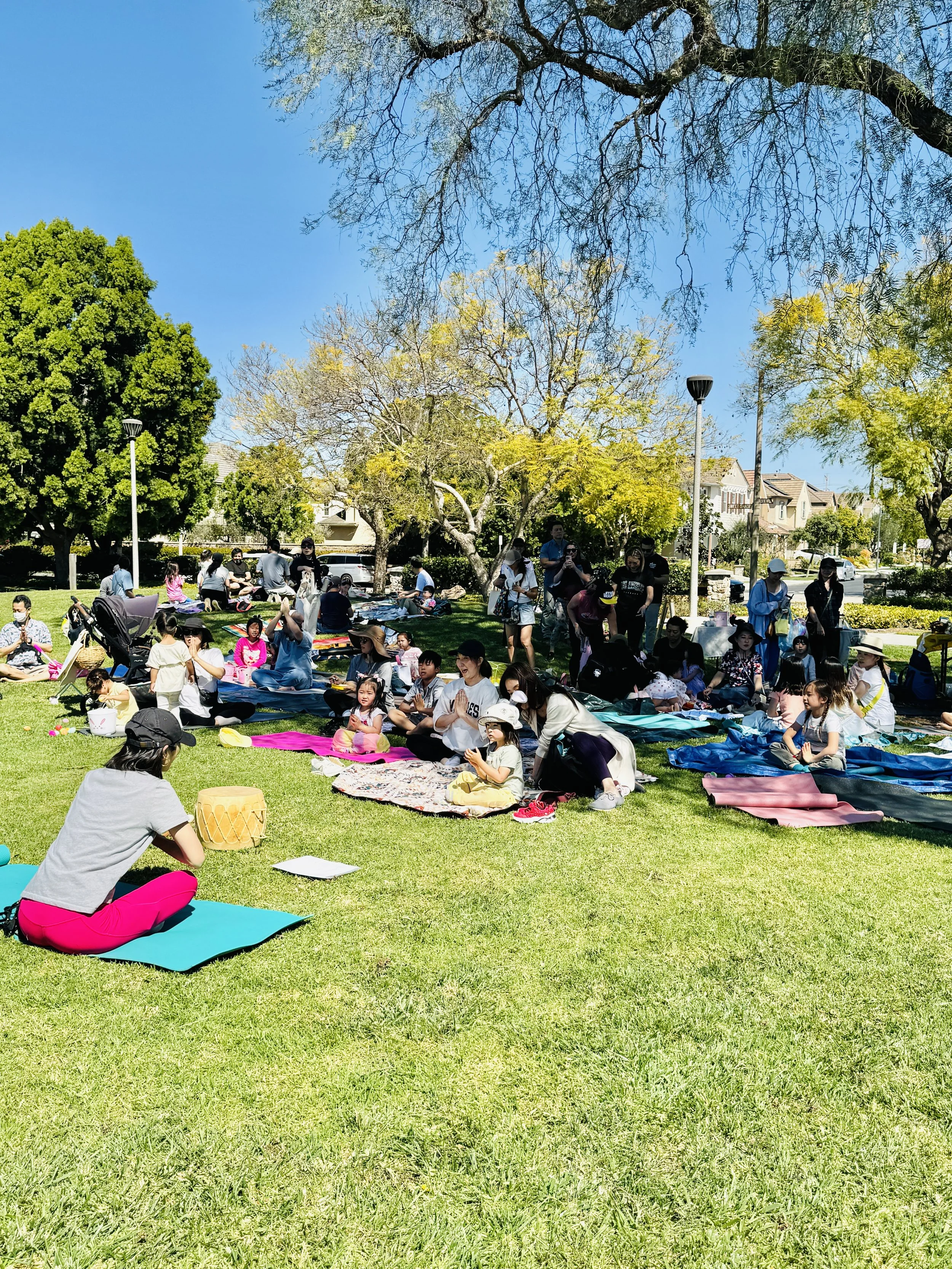 A park with many people sitting on colorful mats and blankets, some children playing, and trees with green leaves under a blue sky.