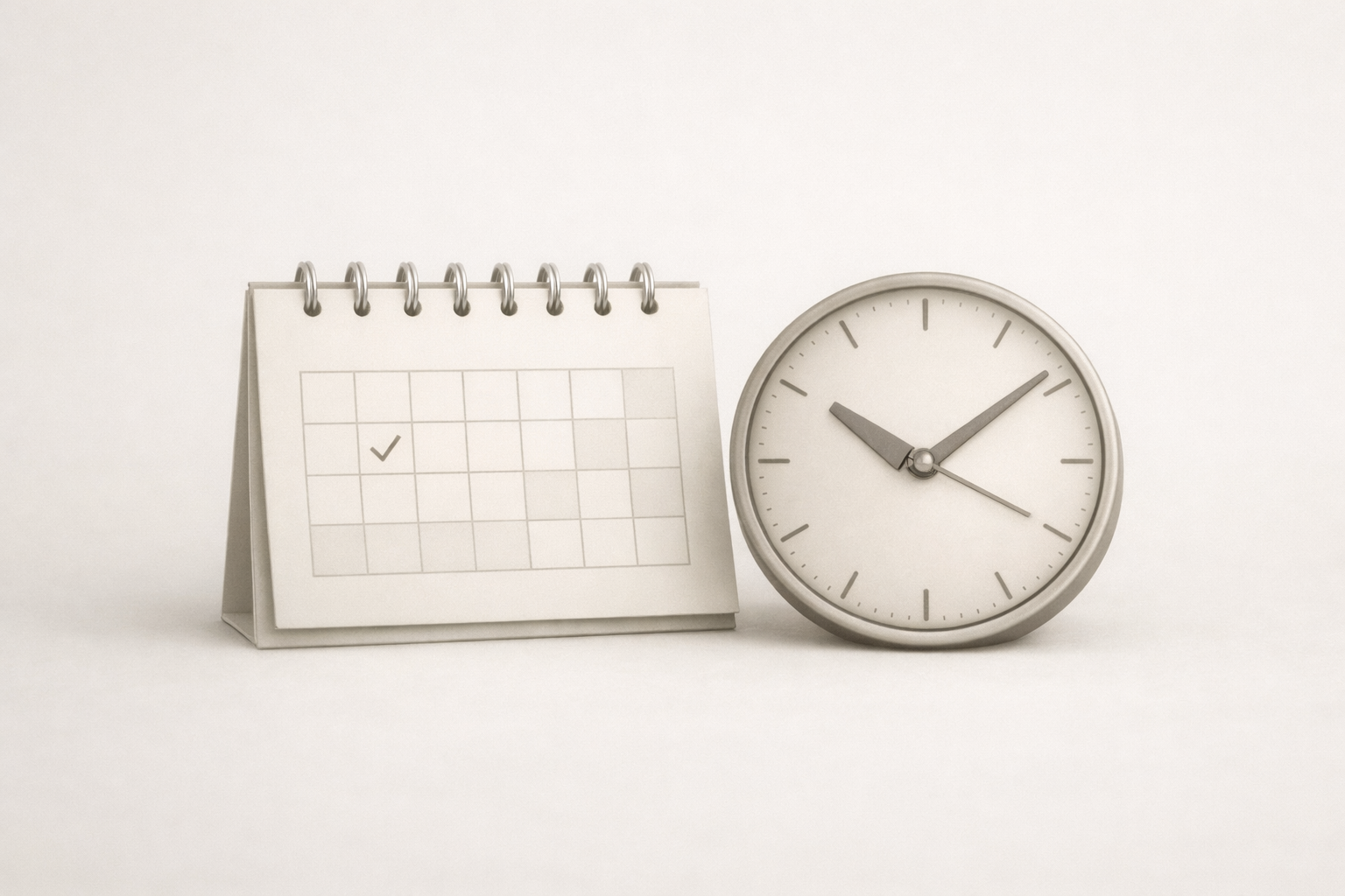 A minimalistic desk scene with a white desk calendar showing a checked date and a round clock displaying approximately 10:09.