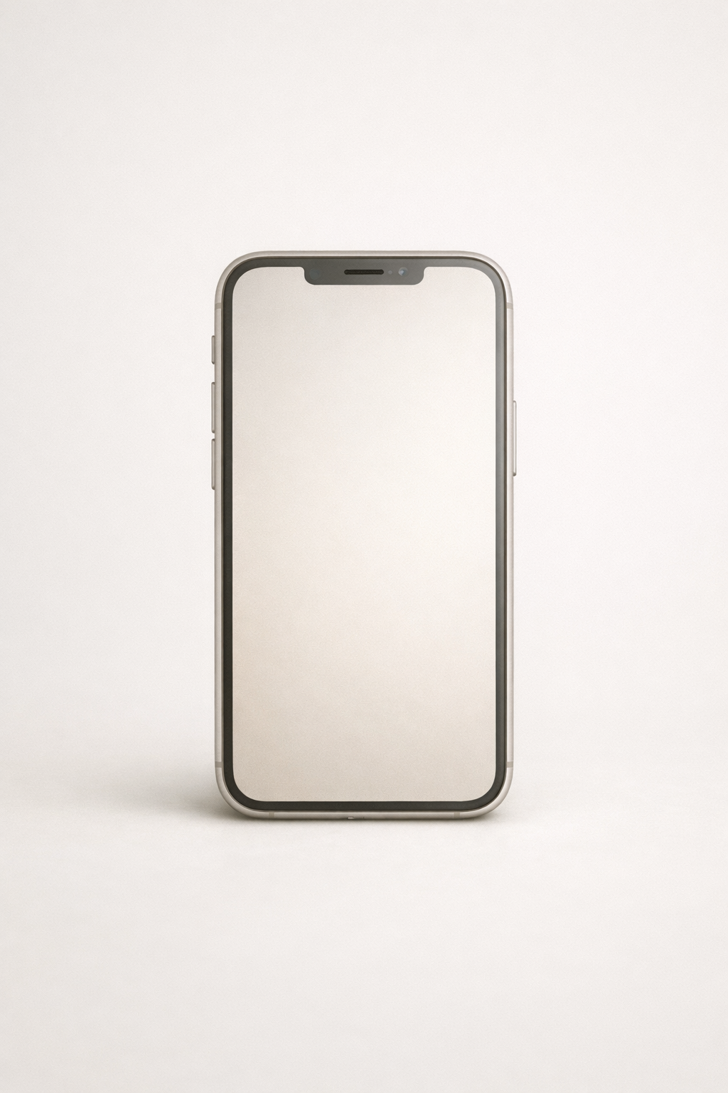Empty modern smartphone with a large display and minimalist design, standing upright on a plain white background.