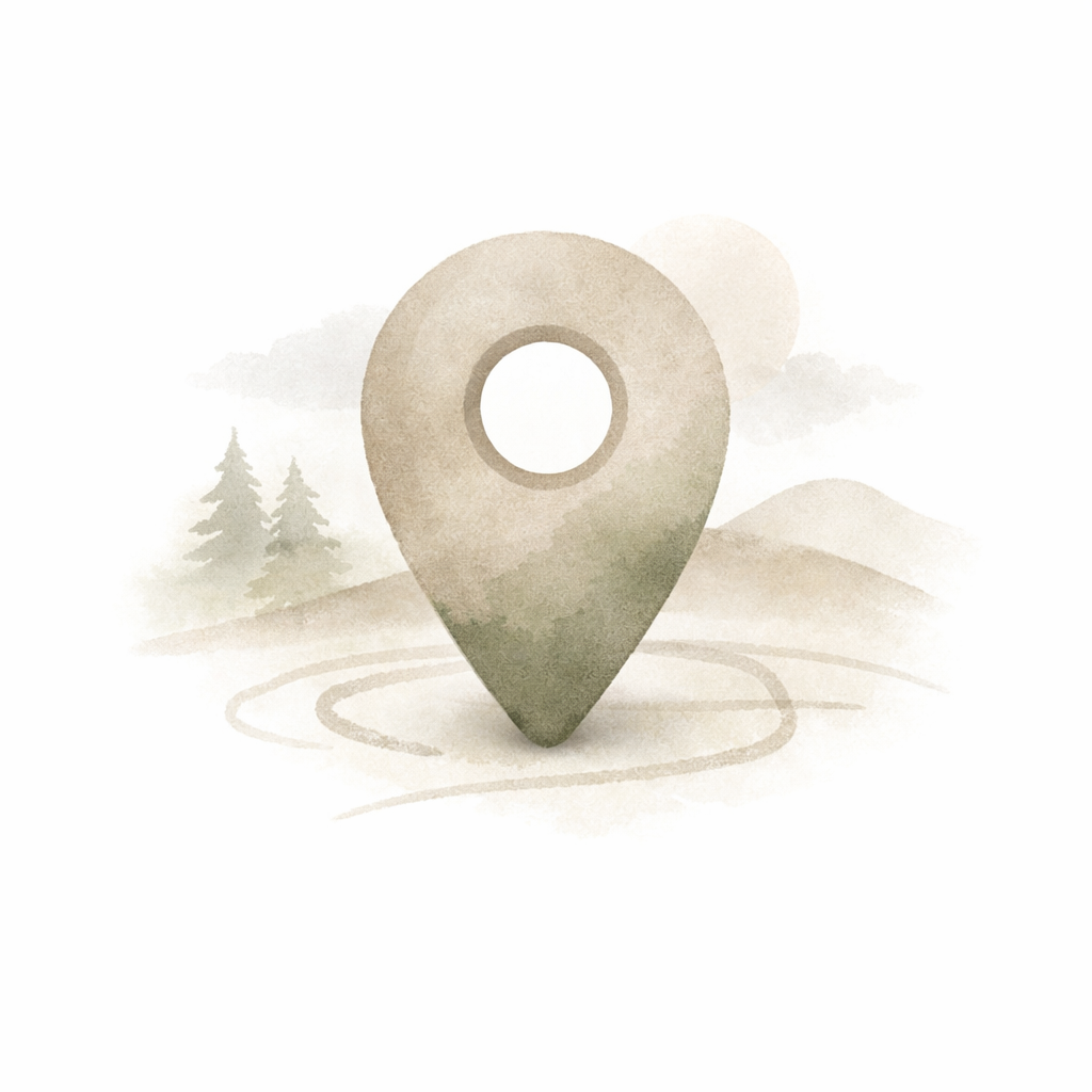 Watercolor illustration of a large map pin on a landscape background with trees and hills