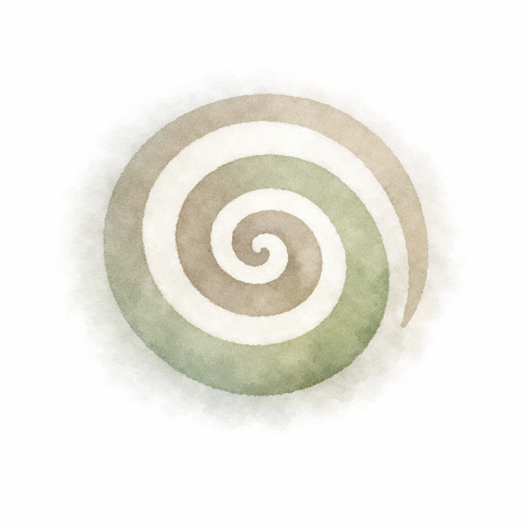 Soft watercolor spiral pattern in muted earth tones on a white background.