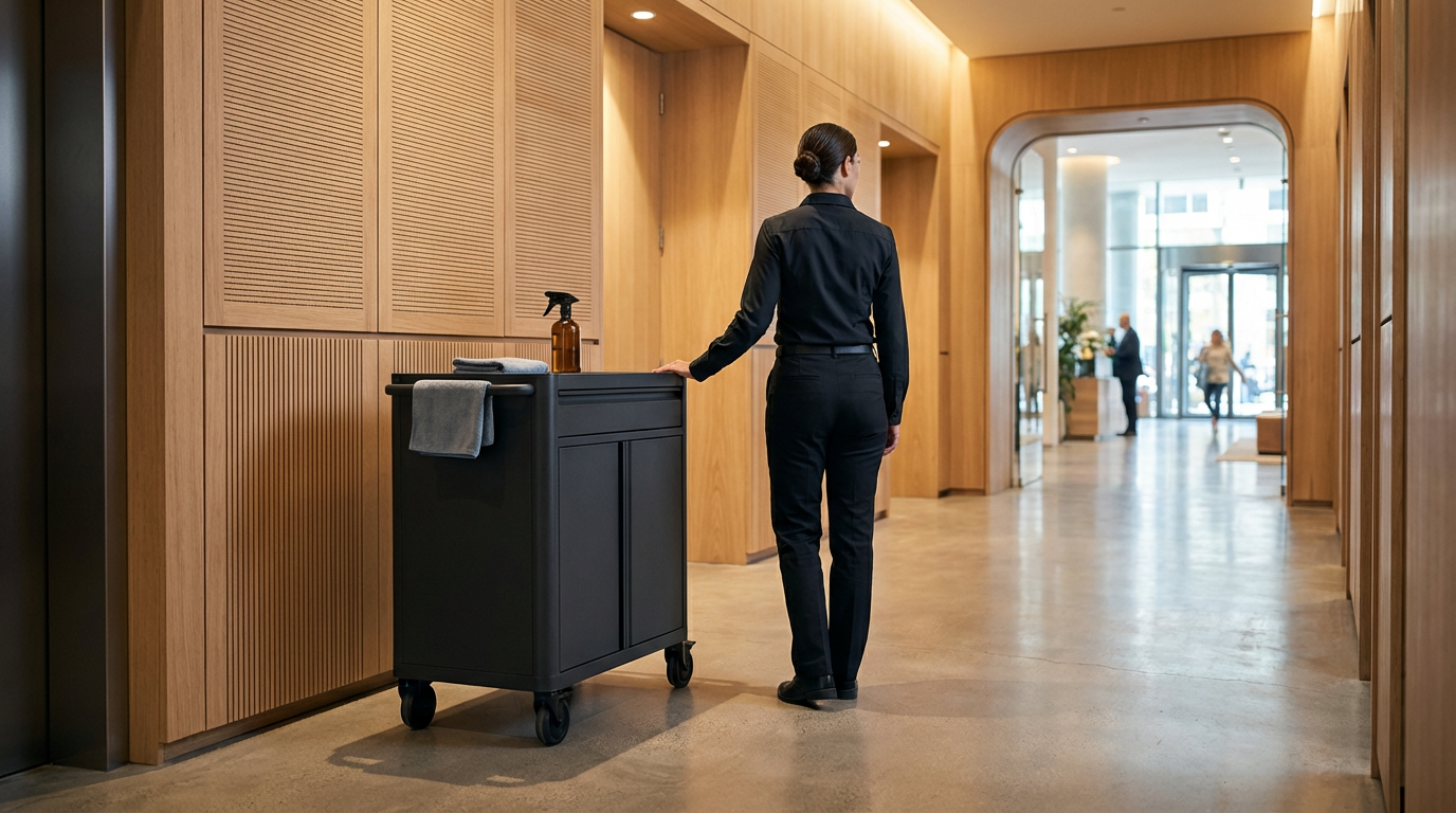 A hotel staff member in a black uniform pushing a cleaning cart in a modern hotel lobby with wooden walls and glass entrance doors.