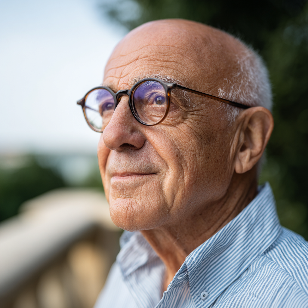 Close-up of an elderly Oakville man with glasses and a striped shirt, looking thoughtfully into the distance outdoors.
