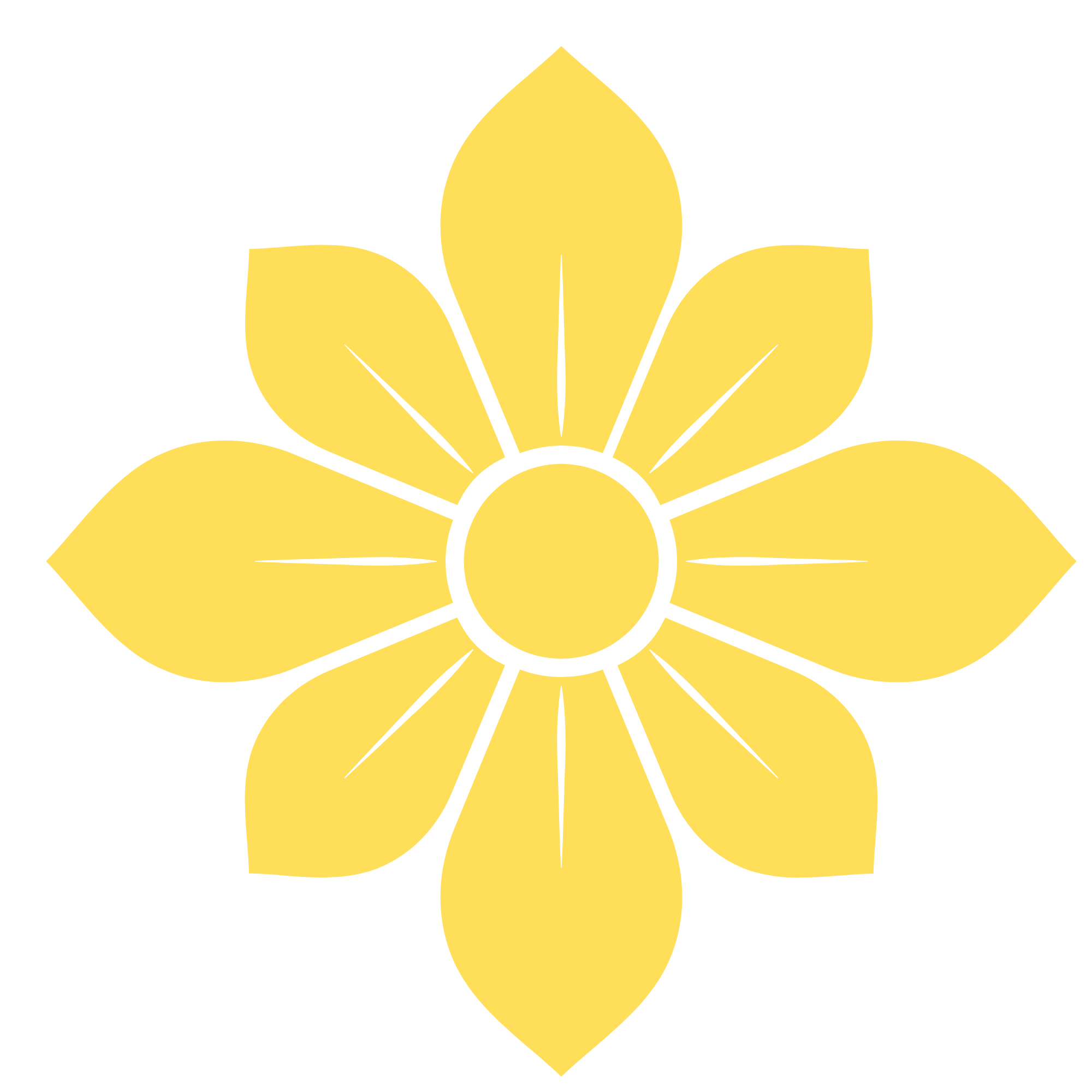 A stylized yellow flower with rounded petals and black outlines on a black background.