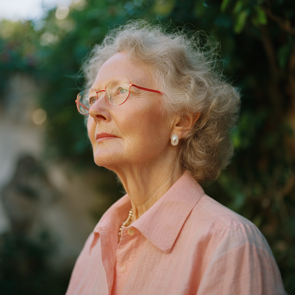 An elderly woman with gray curly hair, wearing red-rimmed glasses, pearl earrings, and a peach-colored blouse, standing outdoors with greenery in the background.