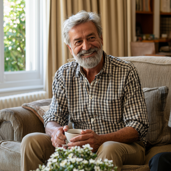 A smiling elderly man with gray hair and a beard, wearing a checkered shirt, sitting on a beige couch in a living room, holding a white mug.