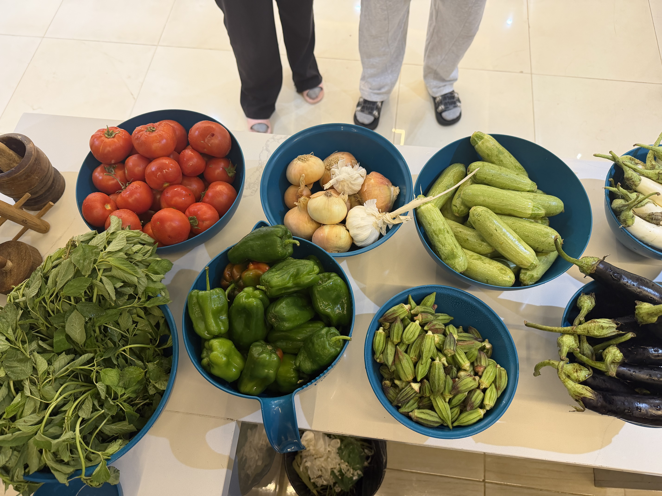 Assorted fresh vegetables in blue bowls on a white table, including tomatoes, onions, zucchini, peppers, garlic, and eggplants, with people visible in the background.