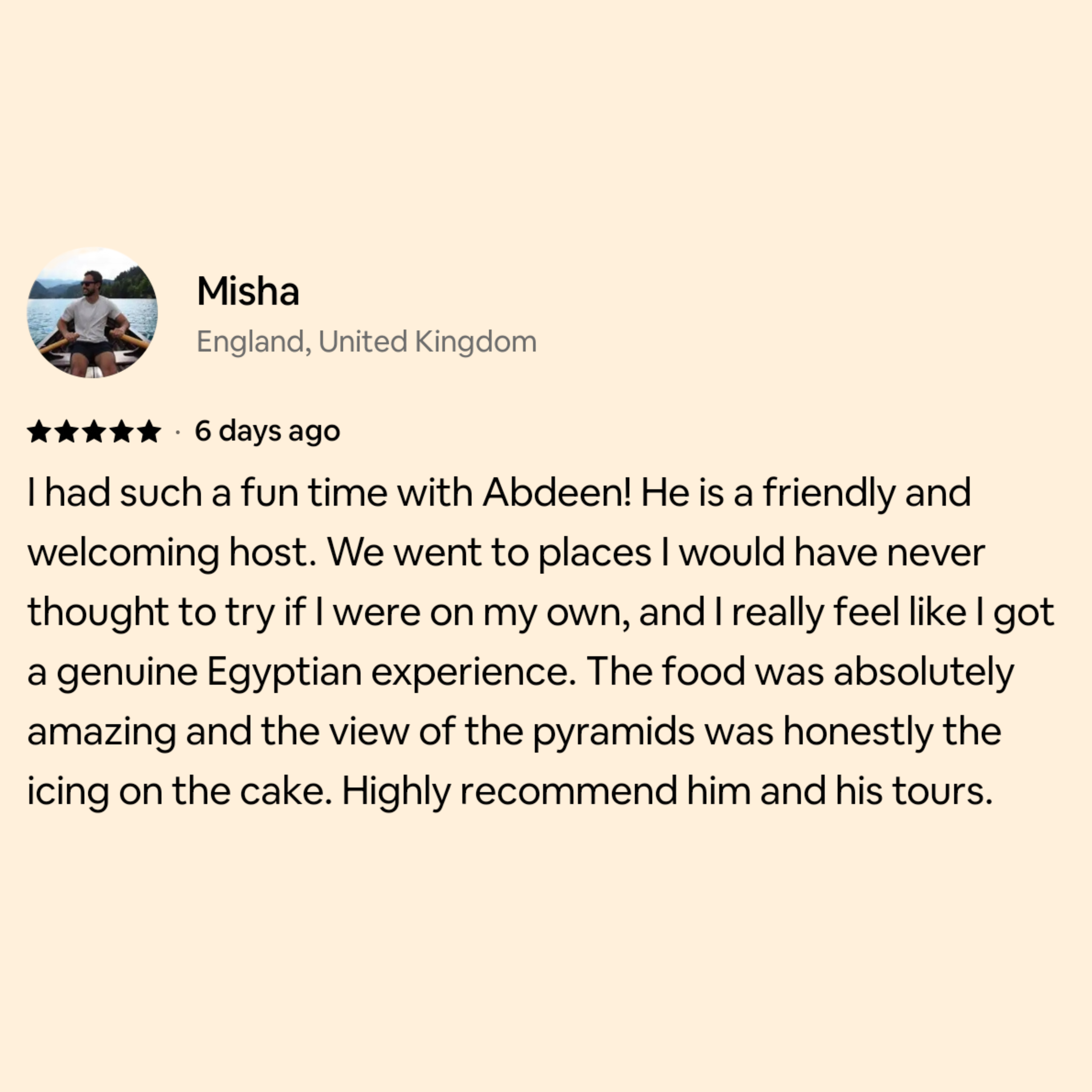 Screenshot of a review by Misha from England, United Kingdom, expressing a positive experience with a travel tour, mentioning the pyramids and Egyptian culture.