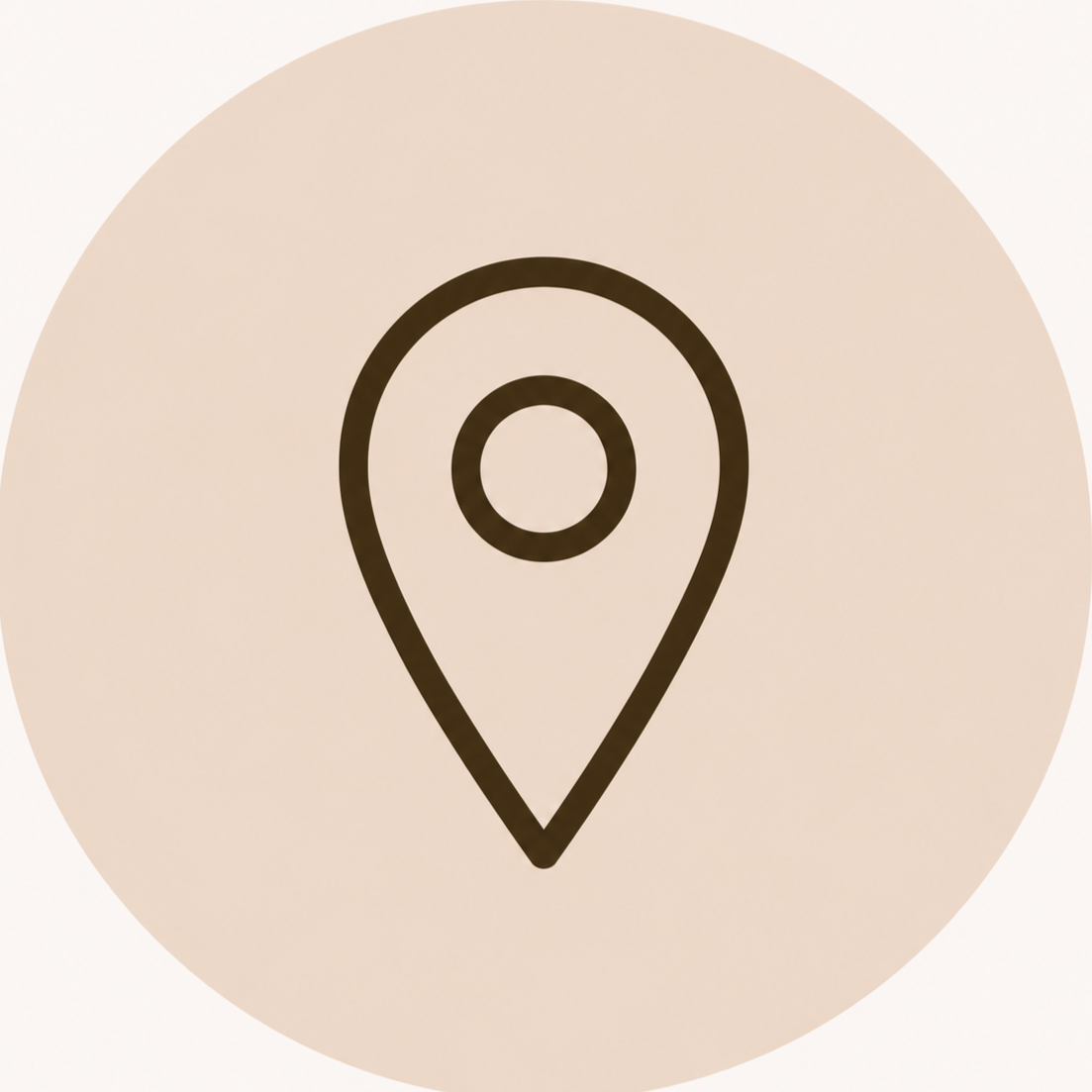Map location pin icon in black on a beige circular background.