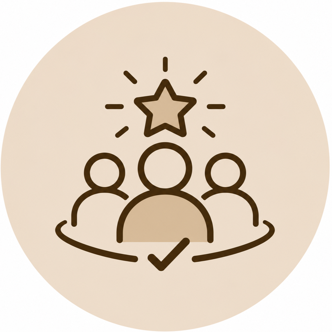 Line drawing of three people with a star above them and a checkmark below, symbolizing recognition or achievement.