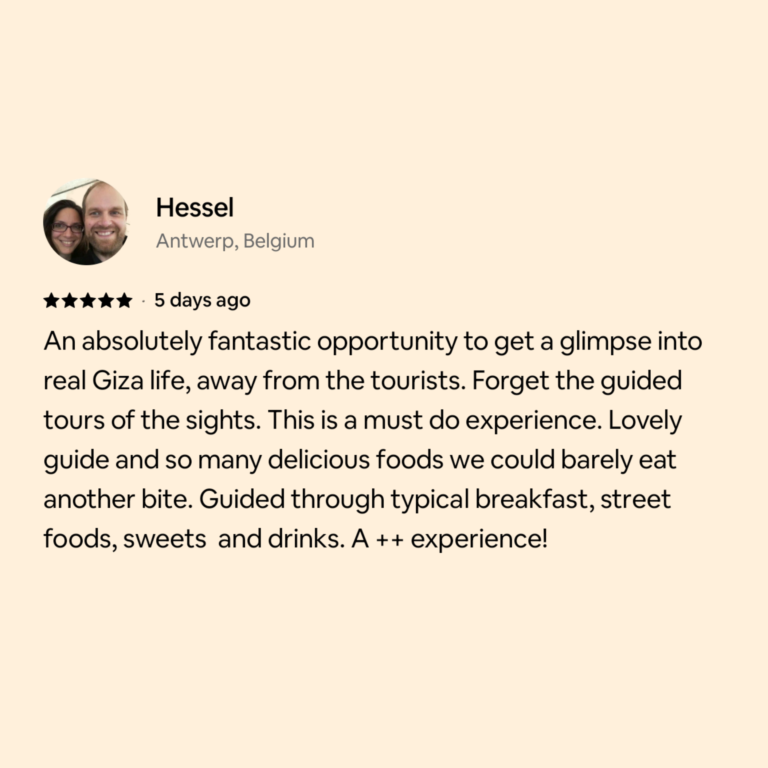 Profile picture of a smiling man and woman with glasses, with text indicating location as Antwerp, Belgium, and a review timestamp of 5 days ago.