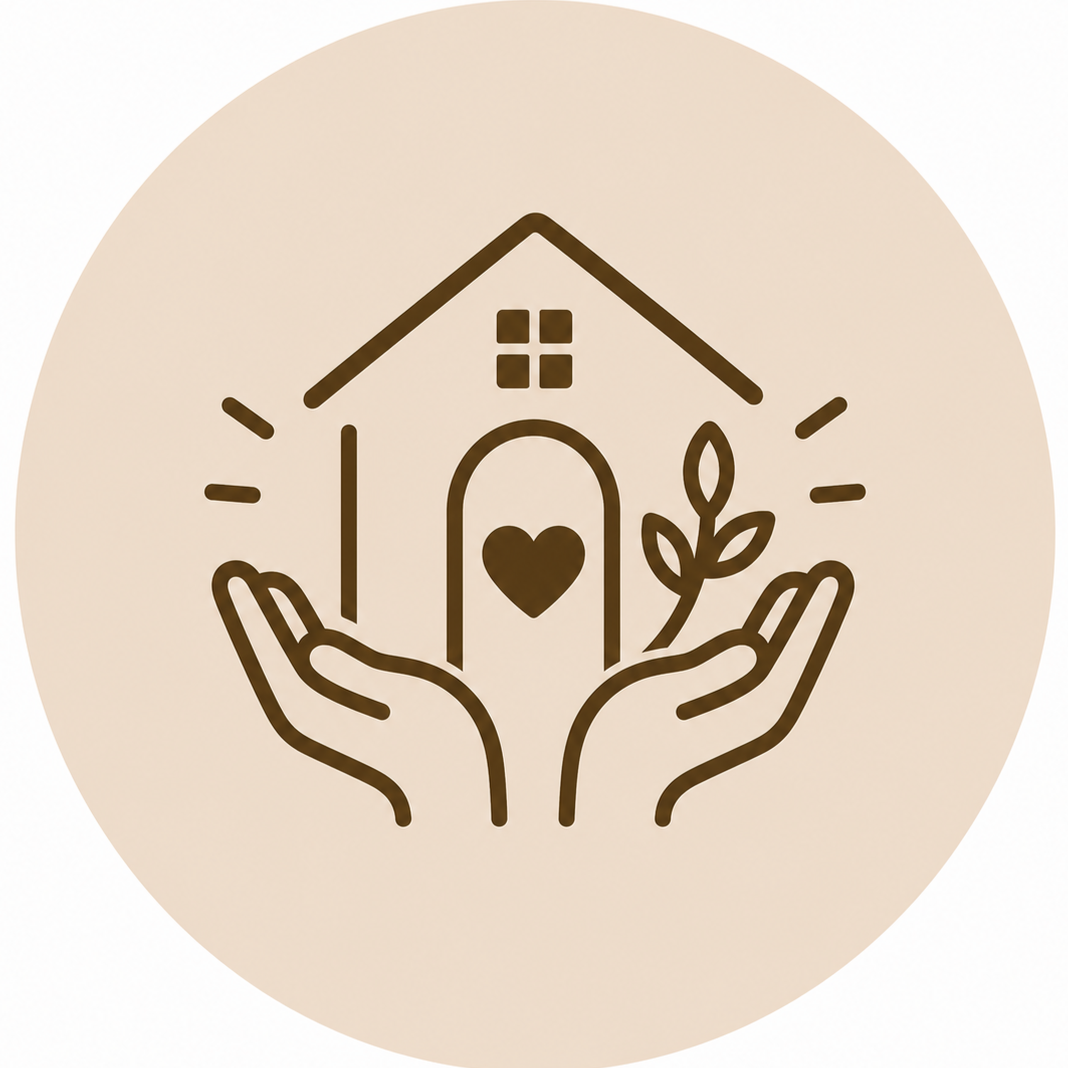 Line drawing of two hands holding a house with a heart on the door and a plant growing beside it, all enclosed in a circle.