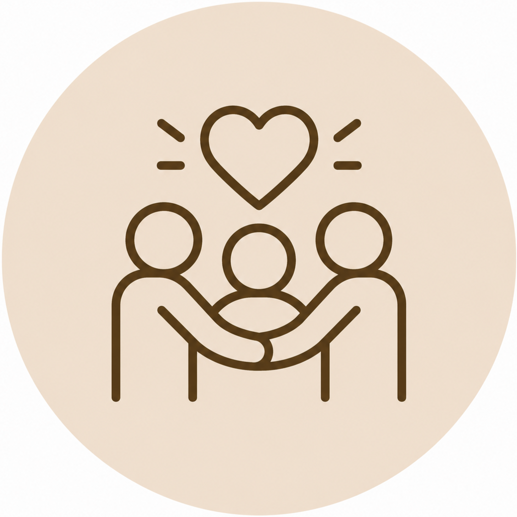 Line drawing of three people holding hands, with a heart above them, symbolizing love or connection.
