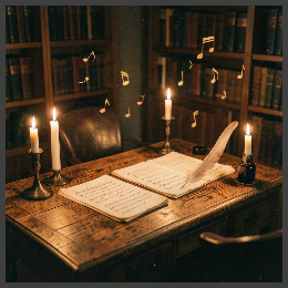 Open book and quill on a wooden desk with lit candles, in a dimly lit library.