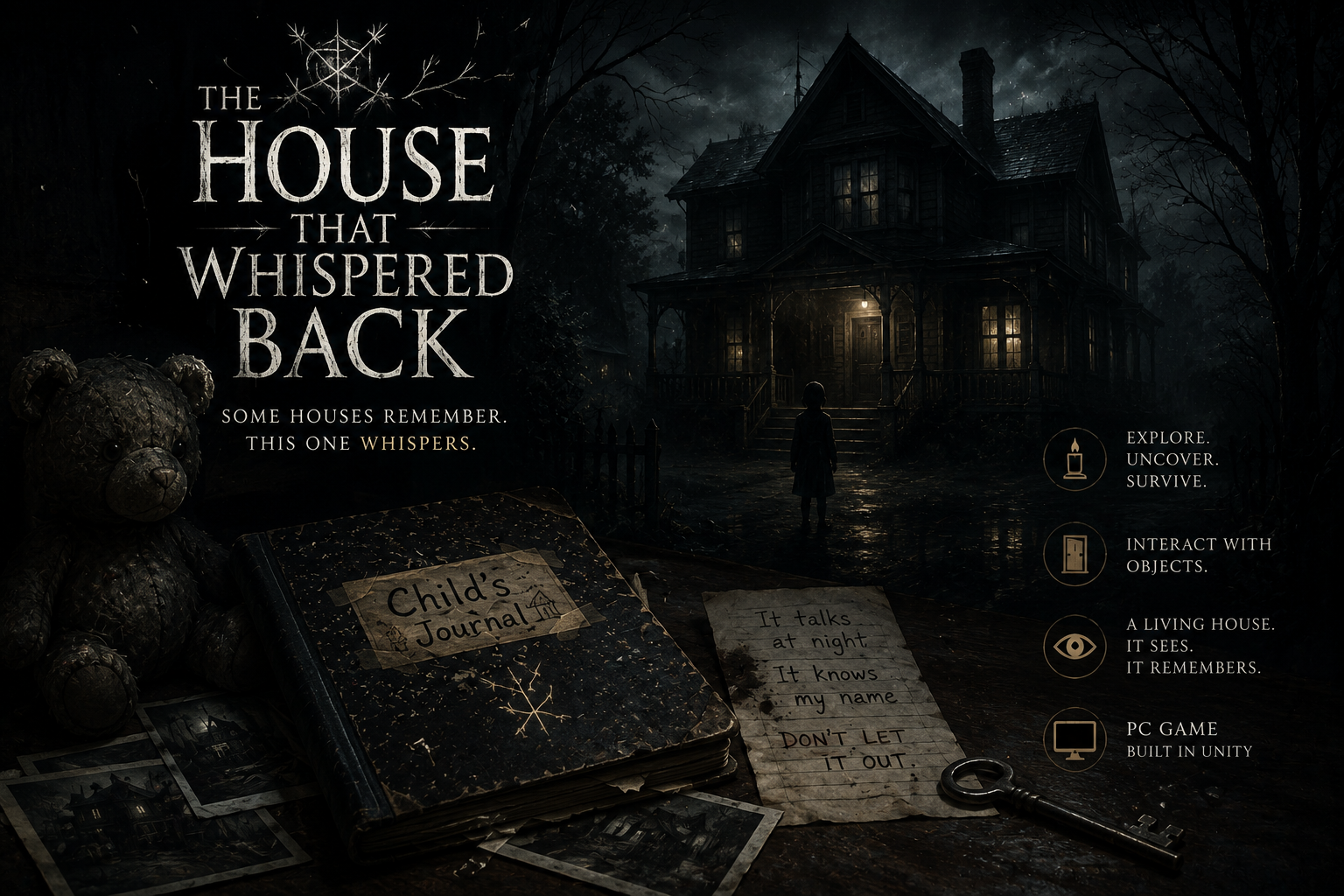 A dark, spooky house at night with a child standing in front of it. The image promotes a PC game called 'The House That Whispered Back' with the tagline 'Some houses remember. This one whispers.' Features include exploring, uncovering, surviving, interacting with objects, and a haunted house theme. There is a teddy bear, a child's journal, photographs, a key, and a spooky note that says 'It talks at night. It knows my name. DONT LET IT OUT.'