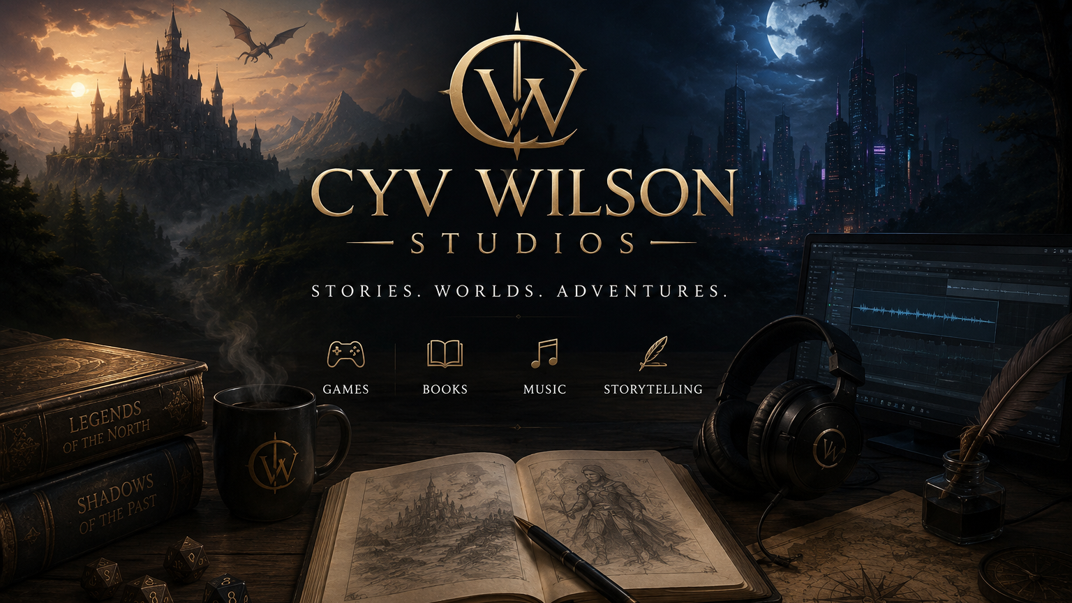 Digital artwork for CYV WILSON STUDIOS featuring fantasy and sci-fi themes, with a castle, mountains, dragon, futuristic city, studio equipment, books, coffee mug, headphones, computer, and a quill.