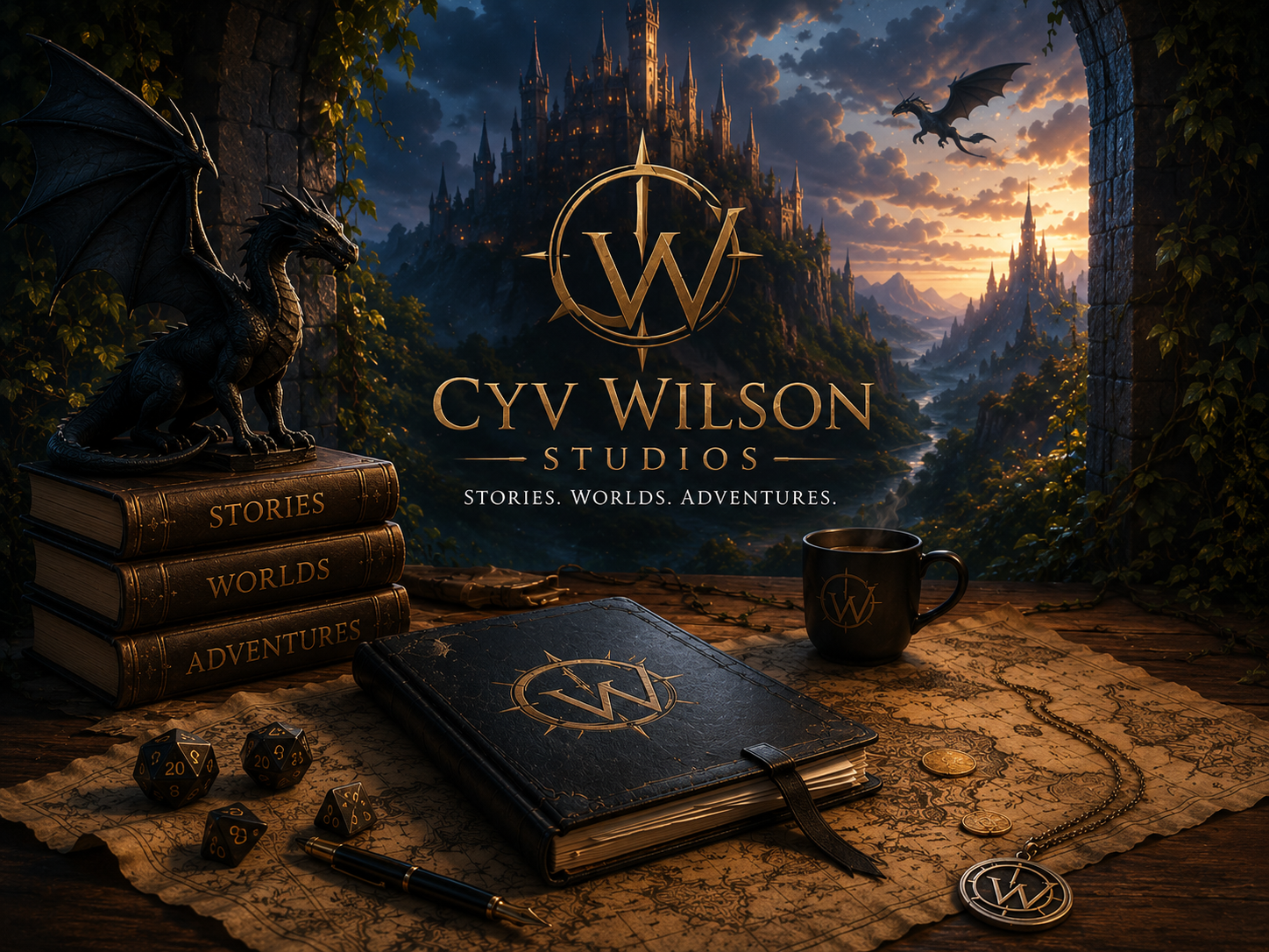 A fantasy-themed workspace with a castle in the background at sunset. The scene includes a stack of books labeled 'Stories,' 'Worlds,' and 'Adventures,' a dragon figurine on top of the books, a black notebook with a 'W' logo, a map, a black mug with a 'W' logo, dice, coins, a pen, and a necklace with a medallion, all set on a wooden table surrounded by stones and ivy.