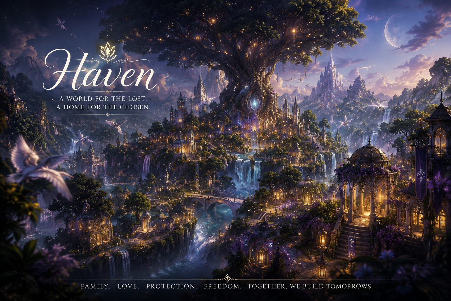 A fantasy landscape featuring a majestic ancient tree at the center, surrounded by illuminated castles, waterfalls, and lush greenery under a night sky with a visible moon.