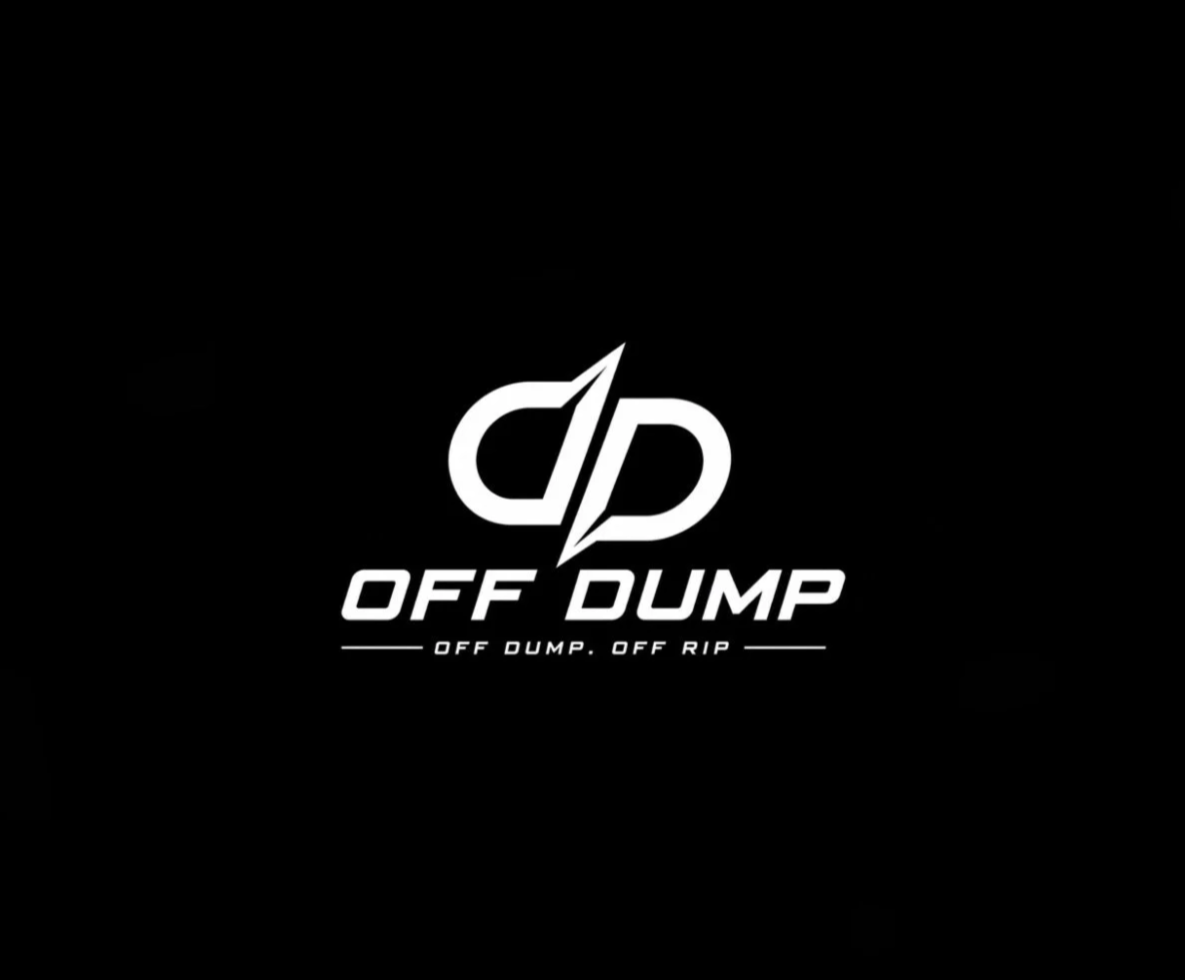 Black background with a white logo of two stylized 'D's intertwined with a diagonal line, and the text 'OFF DUMP' below it. The tagline 'OFF DUMP. OFF RIP' is written underneath.